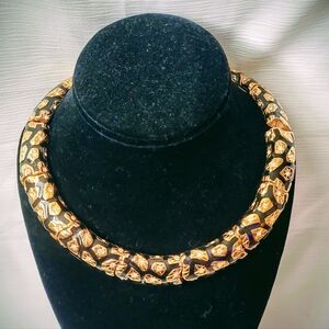 Vintage Swarovski Swan Signed Black Enamel & Polished Gold Pave Crystal Choker